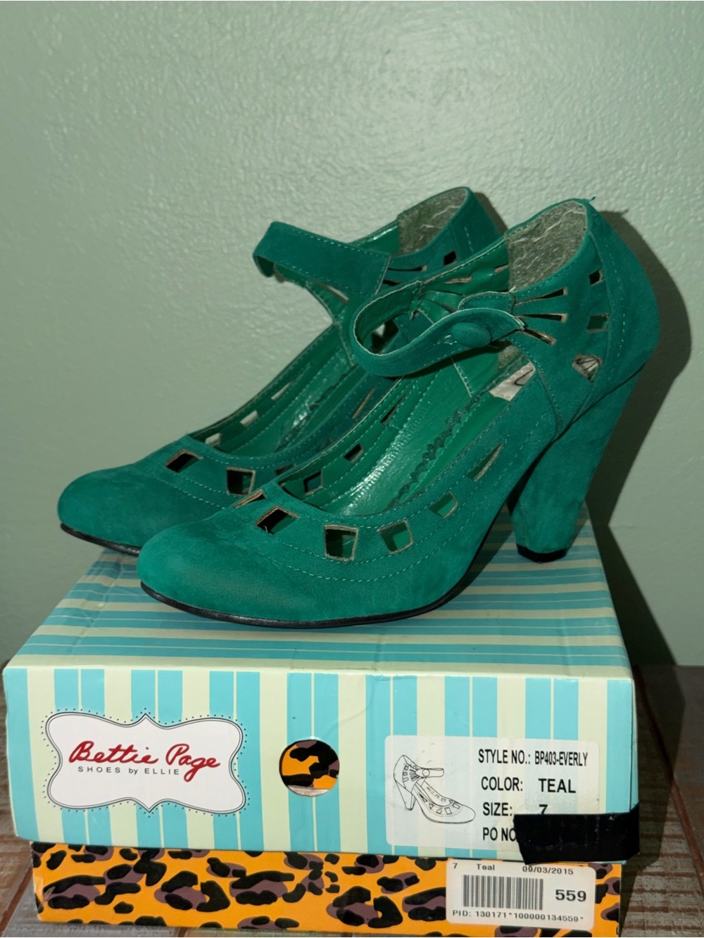 Bettie Page Teal Cutout Suede Mary Jane Heels
